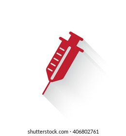 Flat red Syringe web icon with long drop shadow on white
