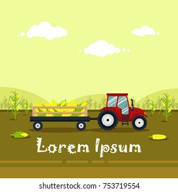 Flat red tractor with a cart corn. The agricultural machinery transports for farm with harvest - vector illustration. Farming landscape.