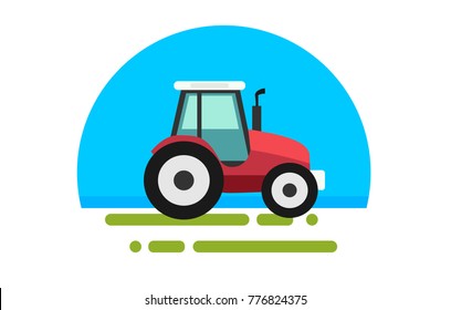 Flat red tractor in a flat style isolated. Agricultural transport for farm in flat style. Heavy agricultural machinery for field work. Tractor icon. Vector illustration.