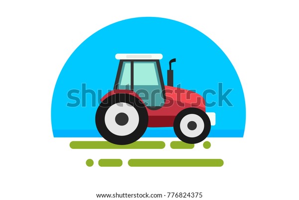 Flat red tractor in a\
flat style isolated. Agricultural transport for farm in flat style.\
Heavy agricultural machinery for field work. Tractor icon. Vector\
illustration.