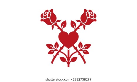 A flat red vector design featuring two stylized roses with stems crossed behind a prominent heart shape on a clean background