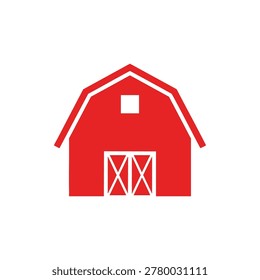 A flat red vector icon of a traditional barn featuring a gambrel roof, a small window, and double doors, representing agriculture, farming, and rural life.
