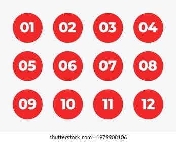 Flat red vector number bullet points from 1 to 12