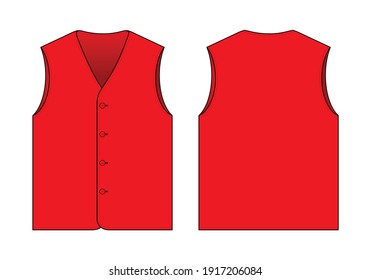 Flat Red Vest Template Vector On White Background.Front and Back Views.