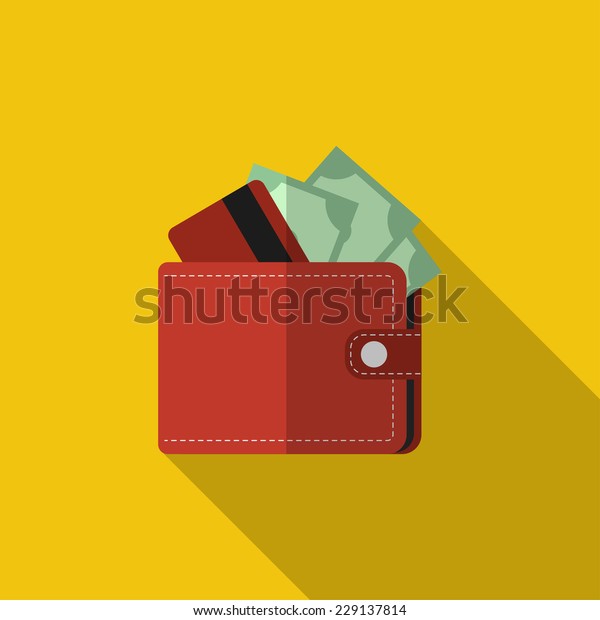 カードと現金と赤い平たい財布 長い影とベクターイラストアイコン モダンデザイン のベクター画像素材 ロイヤリティフリー