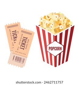 A flat red and white striped box full of popcorn and movie tickets. Popcorn is a staple snack for watching movies. Isolated on a white background. Vector image	
