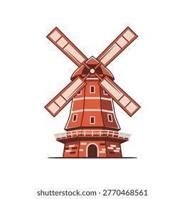 Flat Red Windmill with Four Sails Isometric View sign