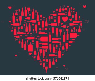 flat red wine bottles and glasses of different size and form make up a heart on dark blue background - St Valentine's  - vector illustration 