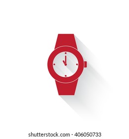 Flat red Wrist Watch web icon with long drop shadow on white