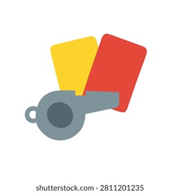 Flat referee whistle icon with yellow and red cards representing football rules, officiating, fair play and sports regulation isolated on white background