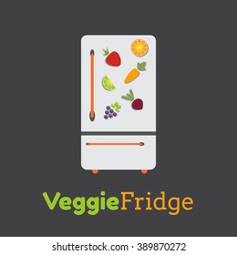 Flat Refrigerator Vector Concept. Vegetarian Healthy Food Fruits Vegetables Magnets On Fridge Vector Illustration. Variety Of Fruit And Vegetable Healthy Eating Concept. White Retro Fridge With Magnet