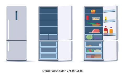 Flat refrigerators. Steel home fridges with open and close door, empty refrigerator and with filled in products, vector illustration of meats, vegetables in electronic object