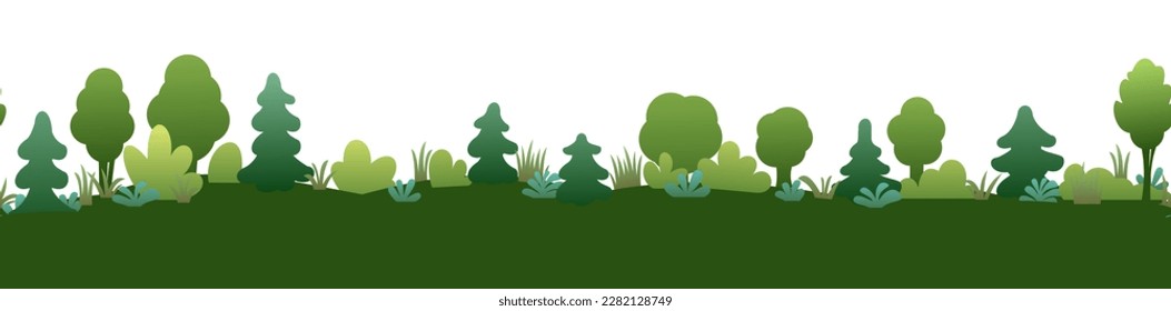 Flat relief with young trees and needles. Summer landscape with plants and meadow. Seamless illustration. Isolated on white background. Cartoon fun style. Flat design. Vector