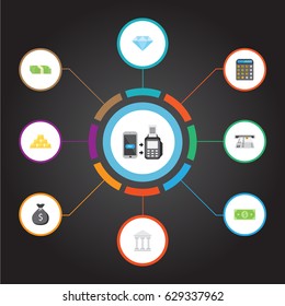Flat Remote Paying, Accounting, Cash Stack And Other Vector Elements. Set Of Banking Flat Symbols Also Includes Building, Diamond, Sack Objects.