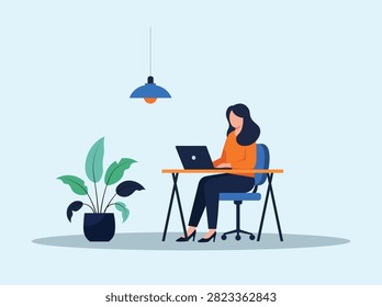 Flat remote work vector illustration with woman using laptop.