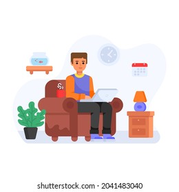 Flat remote working illustration, person sitting on a couch with laptop