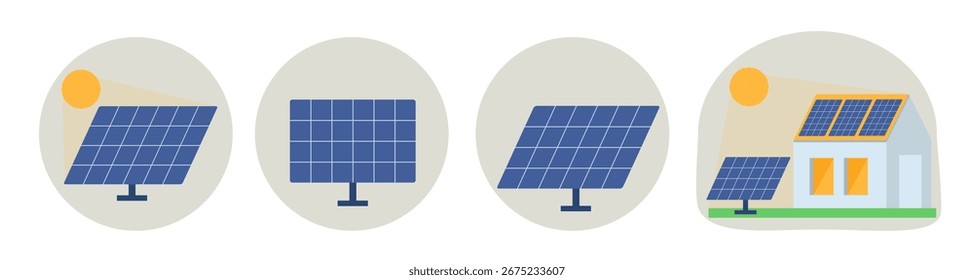 Flat renewable energy concept showing house, solar roof and bright sun. Eco friendly vector for climate action, smart home projects, infographics and environmental marketing.