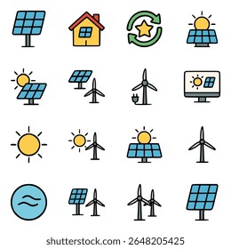 Flat renewable energy icons showing solar panels, wind turbines, sun, eco-friendly power, and sustainable electricity solutions