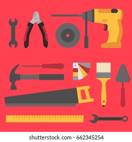 Flat repair and construction working tools icon set. Industrial Instrument isolated