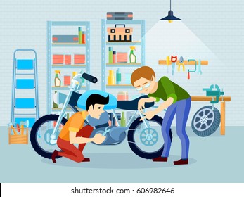 Flat repair motorcycle composition with father biker and his son in garage vector illustration