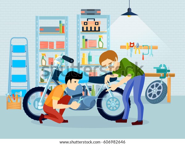 Flat repair motorcycle\
composition with father biker and his son in garage vector\
illustration
