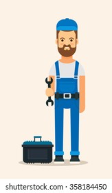 Flat Repairman with Wrench Standing Near the Box with Instruments. Vector Illustration
