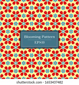 Flat Repeated Blooming Flower Pattern in red and blue color theme for background, wallpaper, paper wrapping, backdrop, decoration.