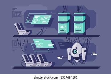 Flat research center with futuristic robot, computers and database. Concept analytics device with diagram, modern technology. Vector illustration.