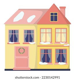 Flat residential building. A modern house in the snow. Elements of the urban landscape. Isolated country house with roofs and windows. Vector drawing.