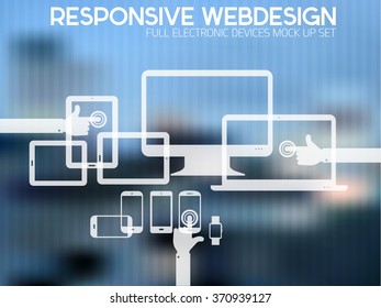Flat responsive design kit of modern electronic gadgets, on trendy blurred background