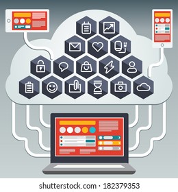 Flat Responsive Design. Flat Mobile UI Design. Social media concept. Vector