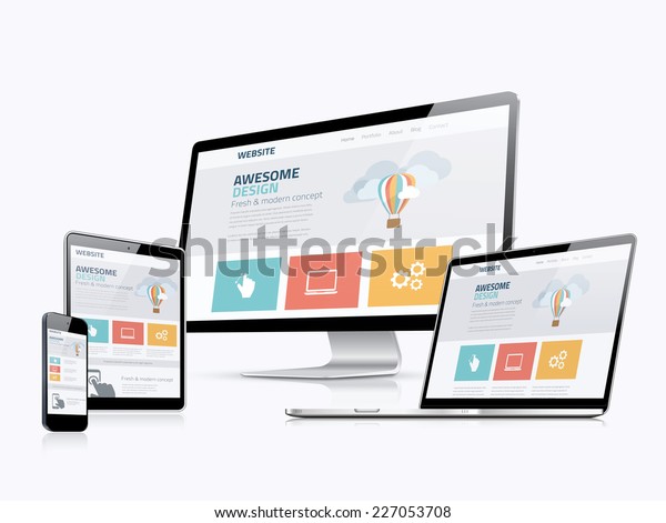 Flat responsive web design concept website\
development devices