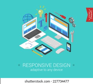 Flat responsive webdesign 3d isometric modern design concept vector. Laptop, desktop, tablet, touch screen phone website interface. Flat web illustration infographics collection for website.