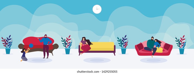 Flat Rest Zone or Waiting Room for Family and Couples. Cartoon People Relaxing on Comfortable and Soft Sofas. Vector Stylish and Functional Furniture. Luxury and Fashion Interior Design Illustration