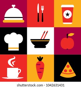 Flat restaurant food meal coolking icons set