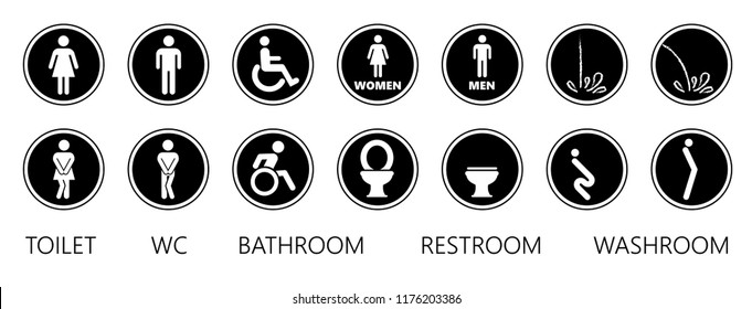 Flat restroom or bathroom for man,  woman and baby to peeing. Human handicap toilets with wheelchair logo. Funny vector WC pictogram icon or sign. World toilet day. Stickman bath room. Unisex