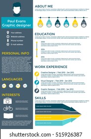 Diseño gráfico de reanudación plana. Reanudar, conjunto cv con infografías y línea de tiempo. Vector limpio