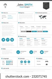 Reanudación plana con infografías y línea de tiempo. Ilustración vectorial