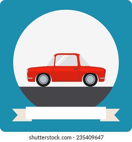 Flat retro car icon with round frame and ribbon
