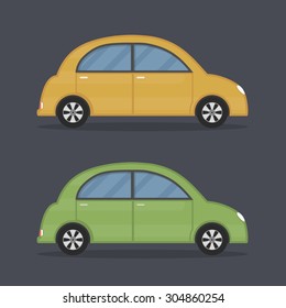 Flat retro cars, yellow and green colors, vector eps10 illustration