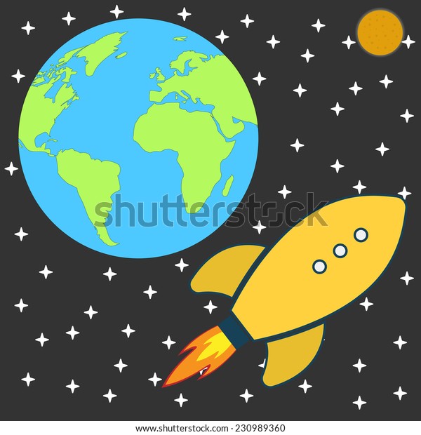 Flat Retro cartoon Rocket Spaceship to the Moon.\
Vector illustration.\
EPS10