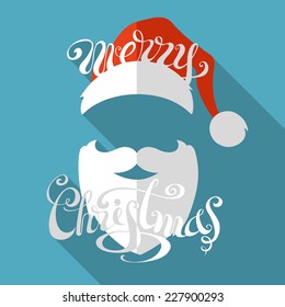 Flat retro Christmas card with long shadow. Hand-written text. Santa hat, moustache and beard. 