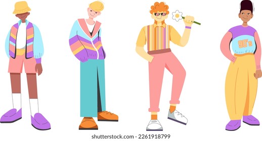 Flat retro design. Groovy, 90s fashion. Set of men in 90's sports style. Black man, guy, blond, redhead in 90's clothing. Cool flat men