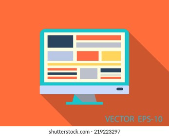 flat retro design monitor icon with long shadow