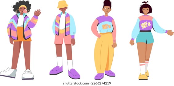 Flat retro design. Set of black people in 90's sports style. Black man, woman, guy, girl in 90's clothing