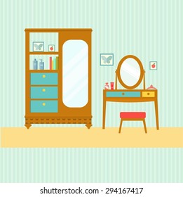 flat retro dressing table and cabinet with mirror. vector illustration