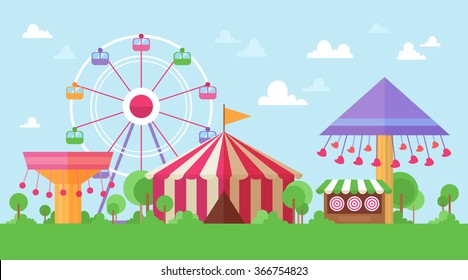 Flat Retro Funfair Scenery with amusement attractions and carousels in colorful cartoon vintage style