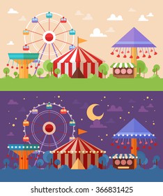 Flat Retro Funfair Scenery with amusement attractions and carousels day and night color scheme versions