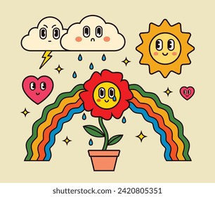 Flat retro hippie groovy elements