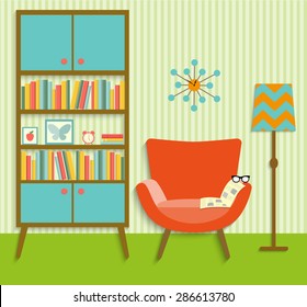 flat retro interior living room with bookcase,chair, newspaper.vector illustration